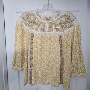 Sundance Floral Cream and Yellow Embroidered Peasant Blouse, Size Small